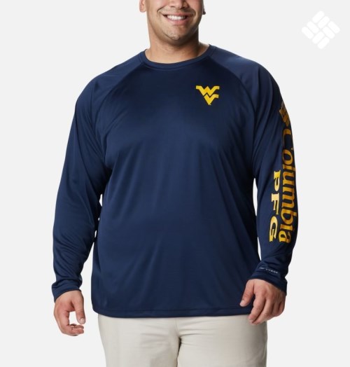 Men's Columbia Collegiate PFG Terminal Tackle Long Sleeve - West Virginia Sweatshirts Navy | Plus Size CA-Z04LA